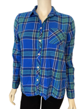 American Eagle Outfitters Royal Blue and Green Plaid Flannel Blouse Size M - £8.37 GBP