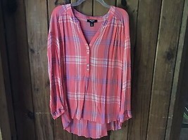 9 West Top Size L Orange Plaid Roll Tab Sleeves Casual Country Western Cowgirl - $16.83