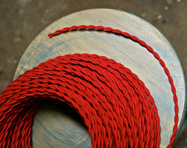 Red scribble radius fabric covered lamp cable cord, vintage, antique - £1.10 GBP