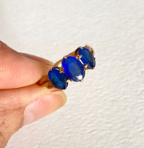Vintage Blue Faceted Glass 10k Gold Greek Key Design Ring 2.1g Size 4 - £101.65 GBP