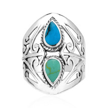 Grand Reflection Filigree Teardrop Blue-Green Turquoise Sterling Silver Ring-8 - £18.82 GBP
