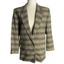 Vintage 70s Wool Blazer Jacket 10 Black Tan Plaid Lined Notch Collar Button - £44.46 GBP