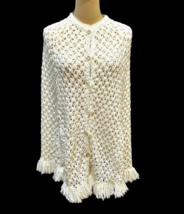 Vintage Union Made Crochet White Poncho Shawl Fringe Hand Vents Grannycore BOHO - £12.76 GBP