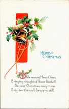 Merry Christmas Vintage Postcard Embossed Bells with Holly Holiday Season Peace - £4.70 GBP