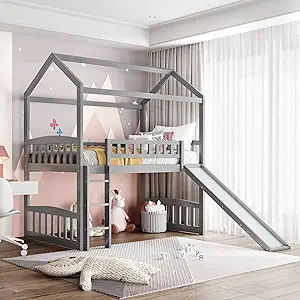 House Loft Bunk Bed with Slide No Box Spring Needed for Teens, Girls or ... - $458.99