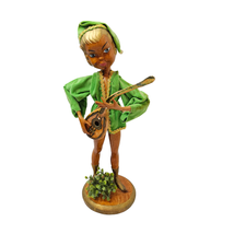 Pixie Elf Musician Guitar Lute 17 Inch Green Velvet Vintage Hong Kong Plastic - £19.44 GBP