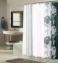 Black White Stripe Floral Fabric Shower Curtain Modern Bathroom 70 x 72 Long - £48.41 GBP