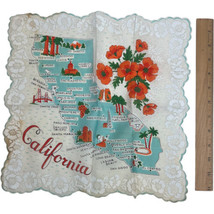 Vintage California Scalloped Edge Hankie Handkerchief State Map Poppy - $11.30