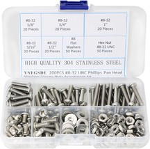 #8-32 UNC Bolts Nuts and Washer Assortment Kit 304 Stainless Steel, 200PCS - £28.27 GBP