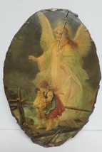 Antique-Vintage Pine Disc/Plaque Picture of &quot;Guardian Angels&quot; Catholic/Christian - £3.90 GBP