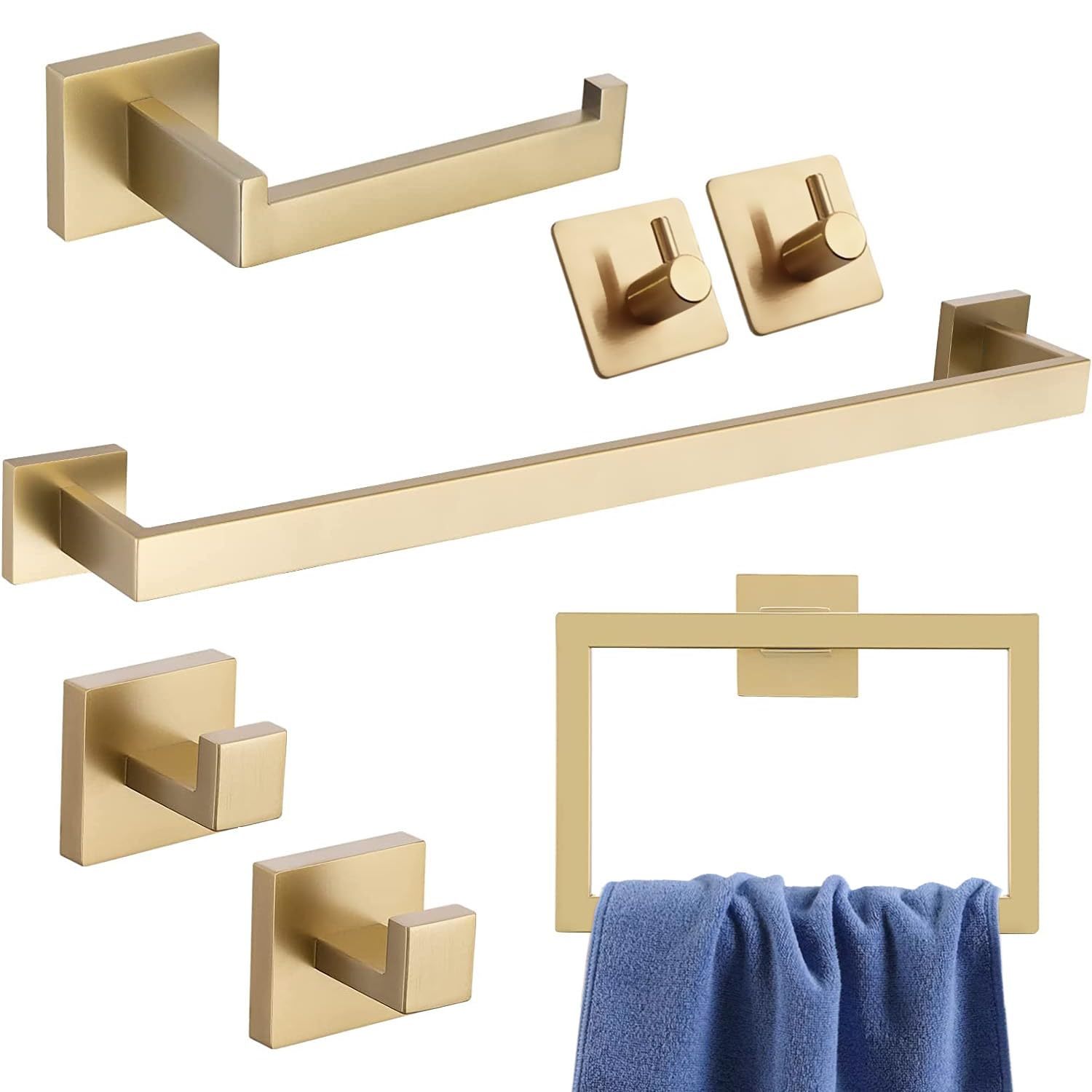 Gold Bathroom Hardware Accessories 7 Pieces Gold Square Towel Bar,Stainless Stee
