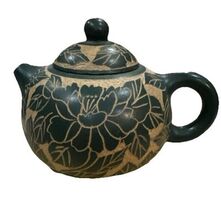 Yixing Clay Teapot Decor Carving Purple Clay Floral/leaves Green Tan Scu... - $167.03