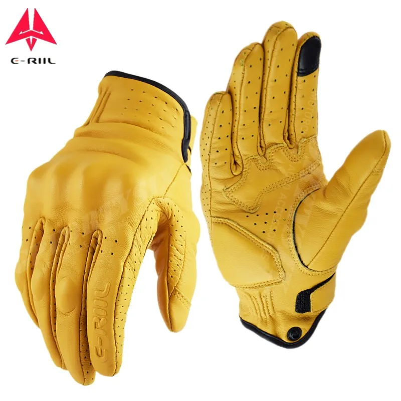 Retro Yellow Genuine Leather Motorcycle Gloves Motorbike Cafe Racer Glov... - £33.58 GBP+