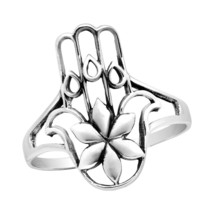 Gorgeous Hamsa Hand &amp; Lotus Blossom Sterling Silver Ring-10 - £12.49 GBP