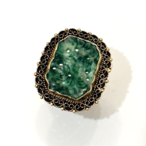 Vintage  14K Yellow Gold Jade Ring Biomorphic Carving Basse Taille Crown Rare - £265.77 GBP