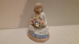 Vintage Ceramic Figurine Young Lady Sat Holding Bouquet of Wild Flowers EUC - $14.99