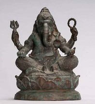 Ganesha Statue - Antique Thai Style Bronze Seated 4-Arm Ganesha statue -... - £384.47 GBP