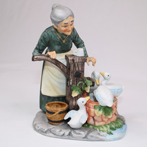 Vintage Lefton 5755 Figurine Bisque Porcelain Woman At Water Pump With Ducks - £16.14 GBP