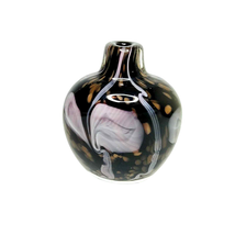 Art Glass Vase Black Gold Pink Swirls Shell Stone 10 Inch Unmarked Studio - £55.59 GBP