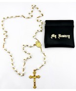 Vintage 18 in Gold Beaded Rosary with Ornate Metal Cross Black Leatheret... - £22.34 GBP