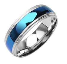 Ring Band 8 MM High Polished Stainless Steel Comfort-Fit Blue Plated Center - £23.70 GBP