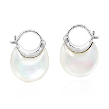 Trendy White Mother of Pearl Disc on Sterling Silver Huggie Hoop Earrings - $19.79