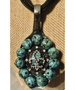 Necklace Turquoise Color Beads Fleur De Lis Stone Center on a Multi Stra... - £19.91 GBP