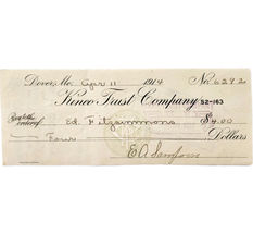 1914 Kineo Trust Company Bank Check E.A. Sampson Dover Maine Signed 6292... - €12,07 EUR
