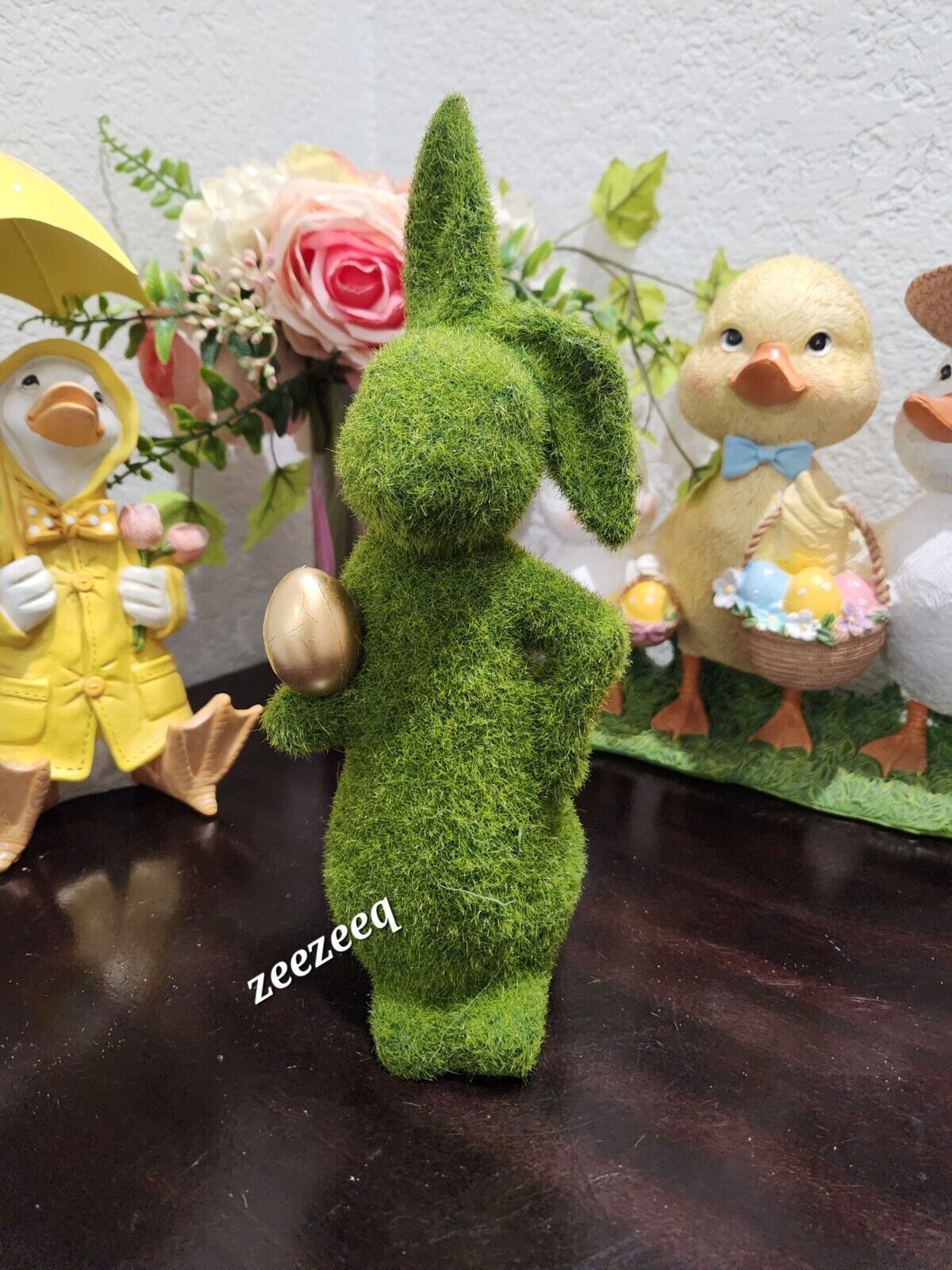 EASTER GREEN FAUX MOSS BUNNY RABBIT HOLDING GOLD EGG FIGURE STATUE 10&quot; D... - $27.99