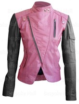 New Handmade Woman Pink Black Brando Biker Genuine Cowhide Leather Jacke... - $167.39+