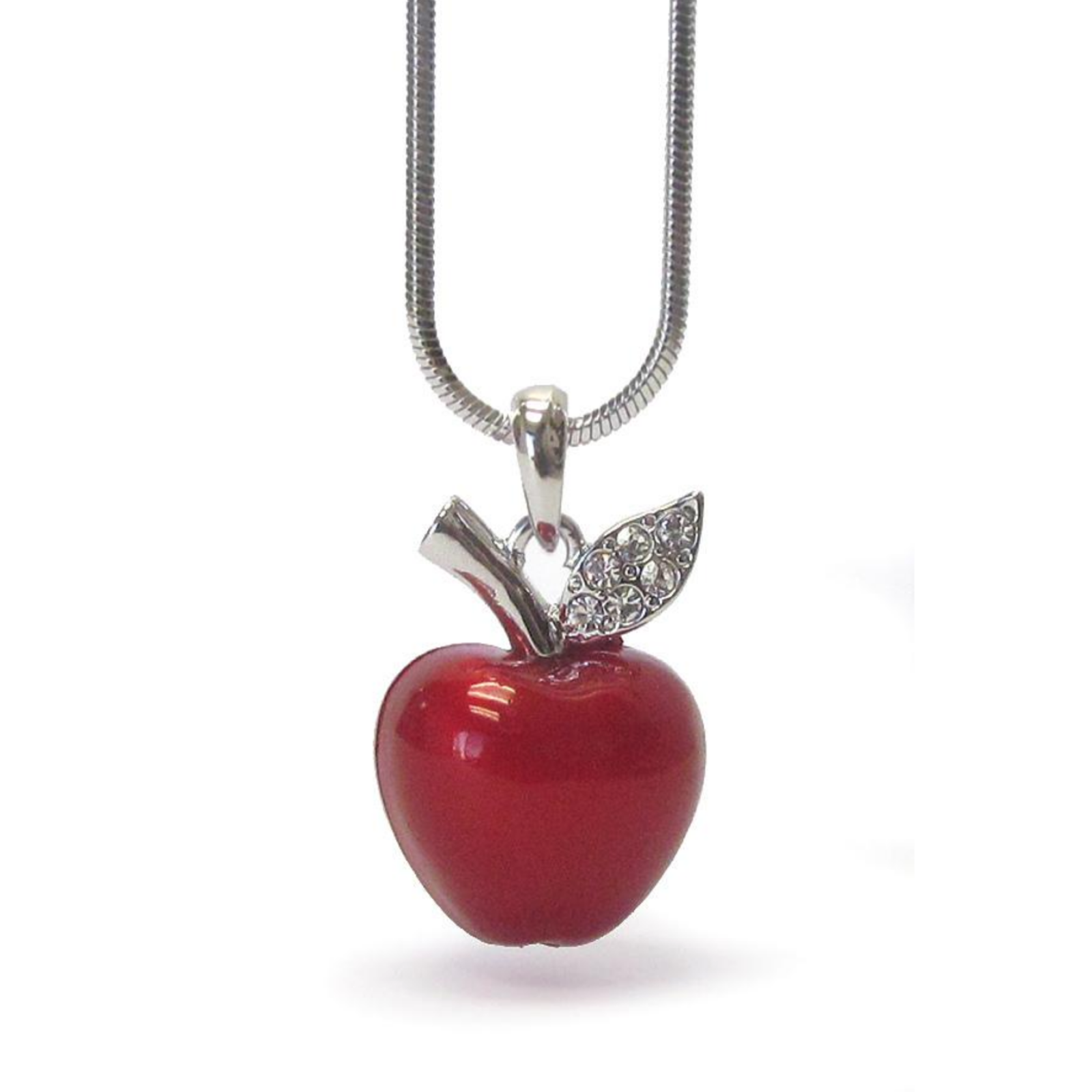 Crystal Leaf Red Apple Teacher Pendant Necklace White Gold - $14.19
