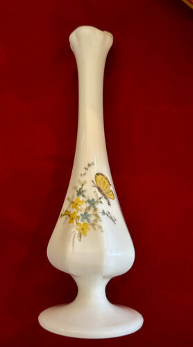 Fenton Swung Milk Glass Bud Vase SIGNED  Hand Painted Yellow Butterfly 7-5/8" - $15.00