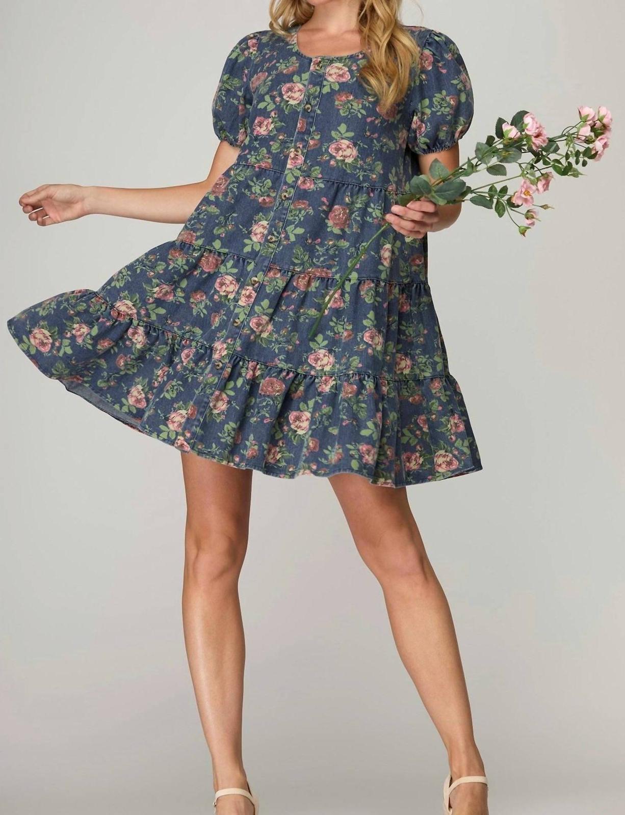 She + Sky puff sleeve button down tiered print denim dress Dusty Blue - $47.00