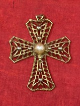 2.5” Boho Metal Cross Pendant for a Necklace with Pearl Center Jewelry Gold Tone - $19.68