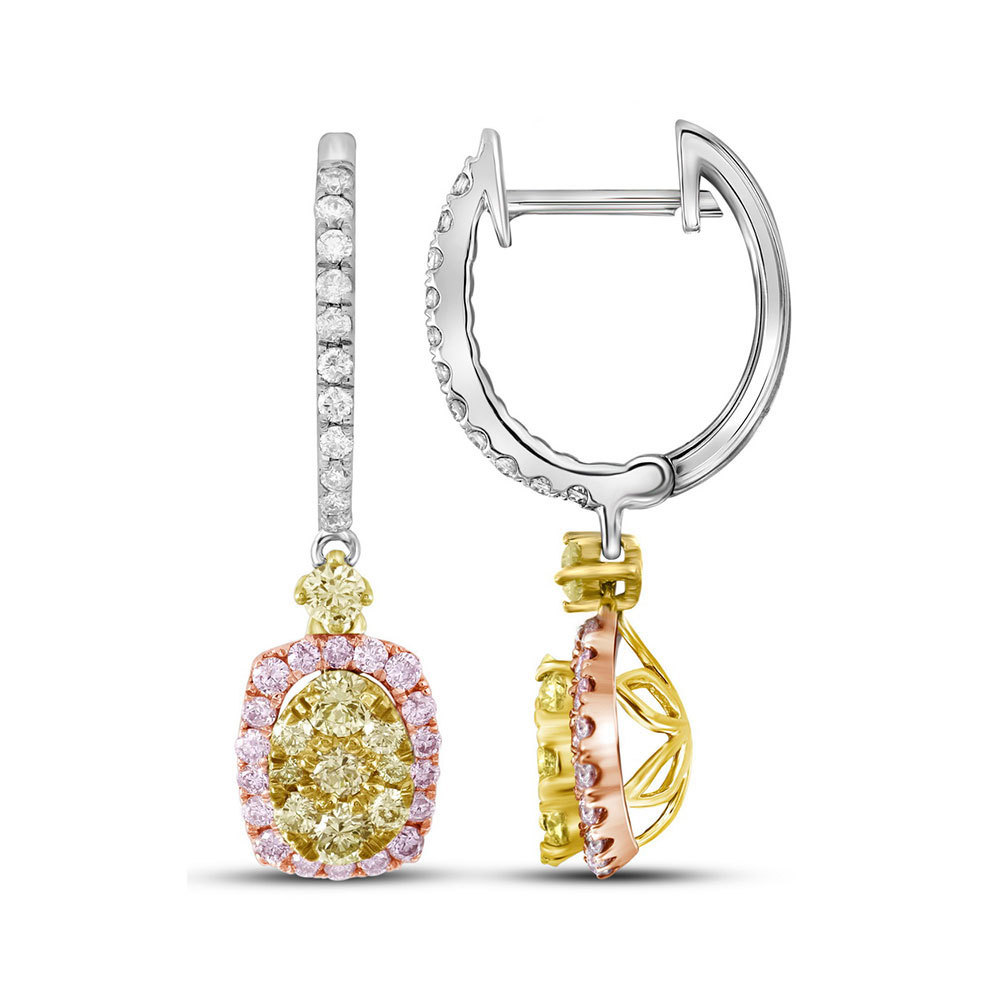 Primary image for 14kt White Gold Womens Round Canary Yellow Pink Diamond Dangle Earrings 7/8 Cttw