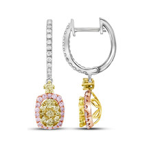 14kt White Gold Womens Round Canary Yellow Pink Diamond Dangle Earrings 7/8 Cttw - £1,118.09 GBP