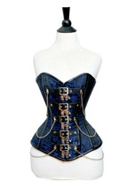 WOMEN BLUE BROCADE &amp; REAL LEATHER OVERBUST GOTHIC CORSET SILVER CHAIN &amp; ... - $99.99