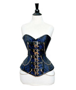 WOMEN BLUE BROCADE &amp; REAL LEATHER OVERBUST GOTHIC CORSET SILVER CHAIN &amp; ... - $1,900.49 MXN