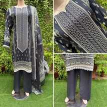 Pakistani Dark Gray Printed Straight Shirt 3-PCS Lawn Suit w/ Threadwork... - $926.71 MXN