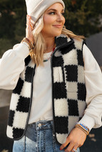 Black Checkered Sherpa Collared Jacket Vest - $23.20