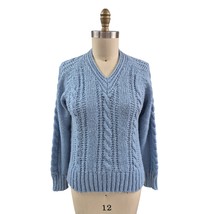 Retro 70s Kimlon V-Neck Sweater - Baby Blue Cable Knit, Wide Ribbed Waist L - $57.02