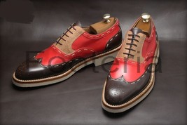 Red Black Genuine Leather Handmade Classical Brogue Toe WingTip LaceUp Men Shoes - £118.50 GBP+