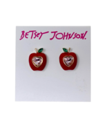 Betsey Johnson Gold Tone Crystal Accent Red Enamel Apple Stud Earrings NWT - $450.44 MXN