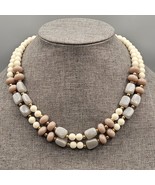 Vintage Beaded Necklace Two Strand Cream Gray Beige Pastel Gold Tone Spa... - $27.60 CAD