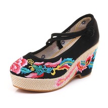 Chinese Phoenix Embroidered Women Canvas Chunky Heel Platform Shoes Slash Buckle - £38.60 GBP