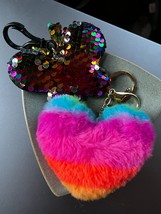 Lot of Rainbow Fuzzy Plush Puffy Heart Key Chain &amp; Sequin Butterfly Back... - £7.56 GBP