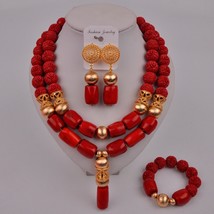 Red Coral Necklace African Beads Jewelry Set Nigerian Wedding Coral Set Bridal J - £111.26 GBP