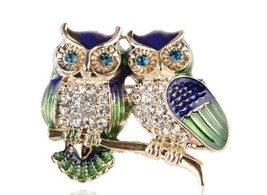 Gold Tone Metal Owl Pair Brooch Pin Enamel Rhinestone Costume Fashion Jewelry - £5.56 GBP