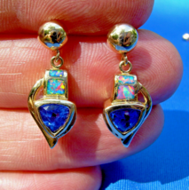 Earth mined Tanzanite Opal Deco Earrings Designer Solid 14k Gold Dangles - $2,771.01