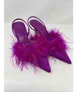 Zara Pink Satin Kitten Heel Sling Back Shoes Feathered Size 6 - €24,46 EUR